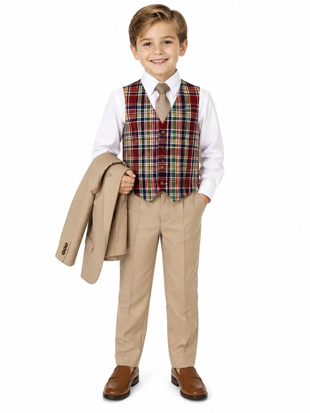 1980s Billy The Kid Boys Khaki Suit Set Jacket Vest Size 8 USA